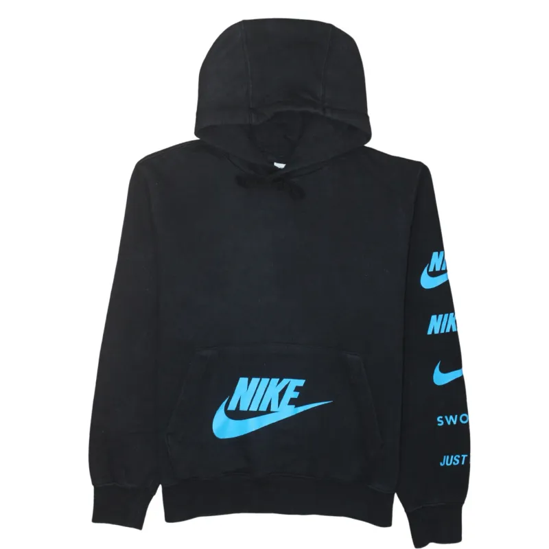 Nike Black Hoodie Men’s Small Printed Blue Logo Sleeve Slogan Pullover Sweatshirt made by Nike