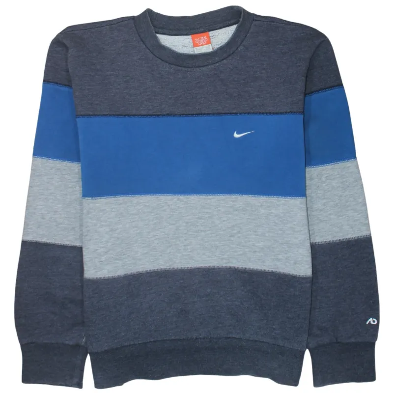 Nike Blue Grey Stripe Sweatshirt Men's Medium Embroidered Swoosh Crewneck Pullover Fleece Top made by Nike