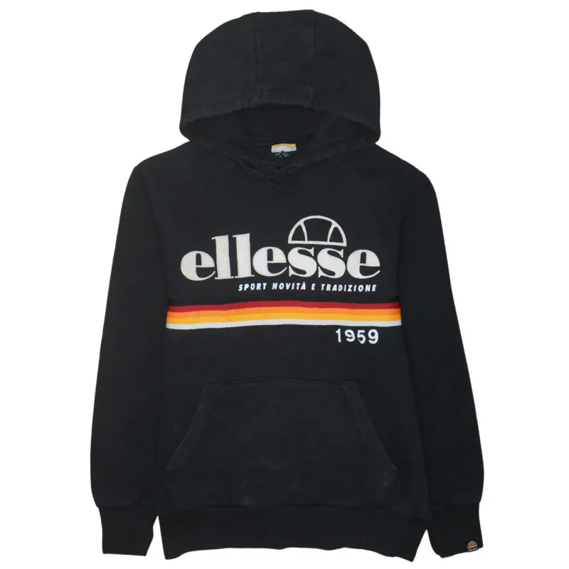 Ellesse Black Hoodie Women’s Medium Printed Logo 1959 Stripe Front Pocket Pullover Sweatshirt made by Ellesse