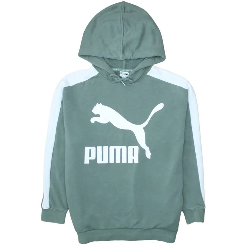 Puma Sage Green Hoodie Women’s Small Printed Logo White Stripe Sleeves Pullover Sweatshirt made by Puma