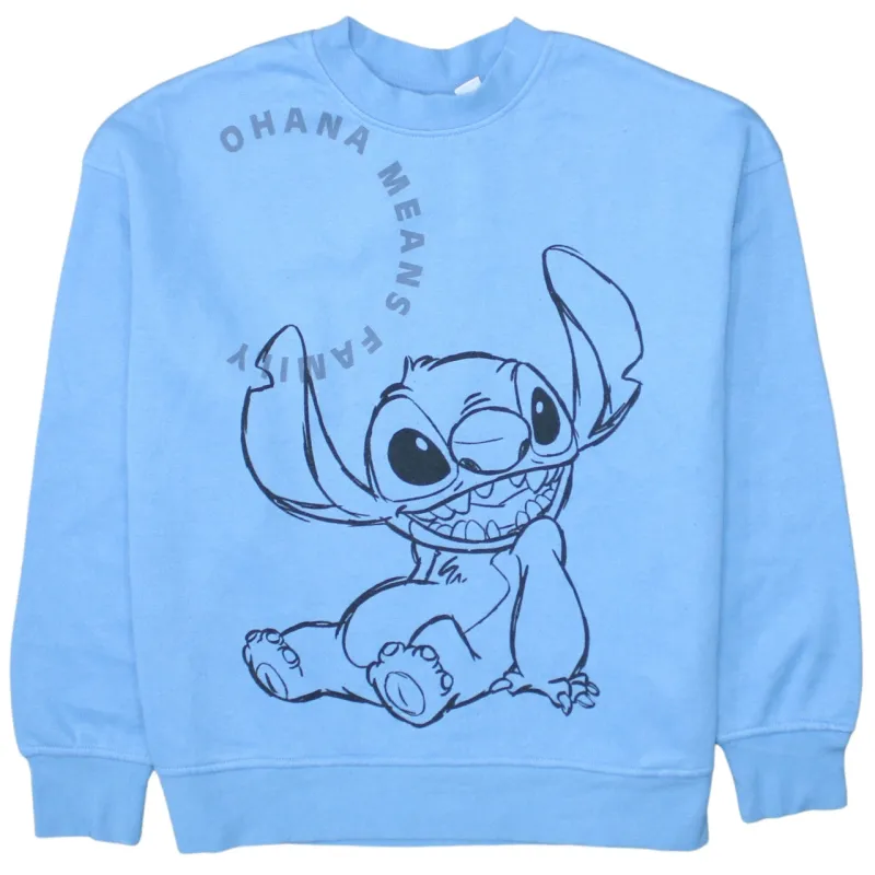 Disney Light Blue Sweatshirt Women's Small Printed Stitch Graphic Ohana Means Family Pullover Jumper made by Disney