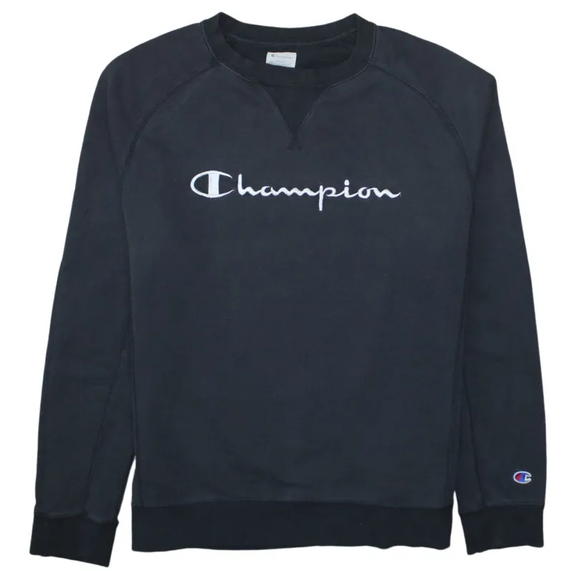 Champion Black Sweatshirt Men's Large Embroidered Script Logo Raglan Crewneck Pullover Top sold by Vintage Club