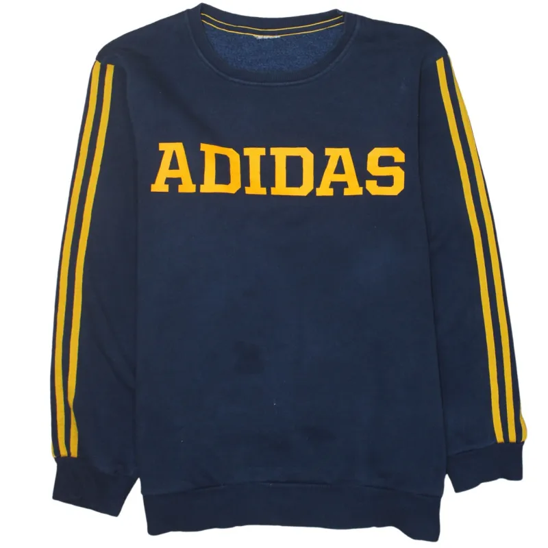 Adidas Navy Blue Sweatshirt Men's XLarge Printed Logo Yellow Three Stripe Sleeves Pullover made by Adidas