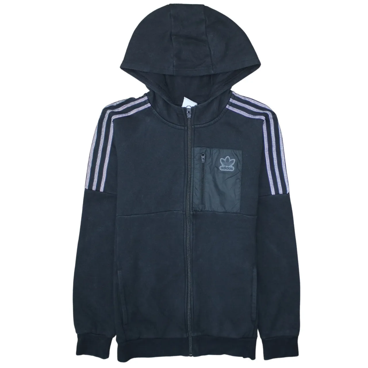 Adidas Black Full Zip Hoodie Women’s XSmall Trefoil Chest Logo Three Stripe Sleeves Sweatshirt sold by Vintage Club