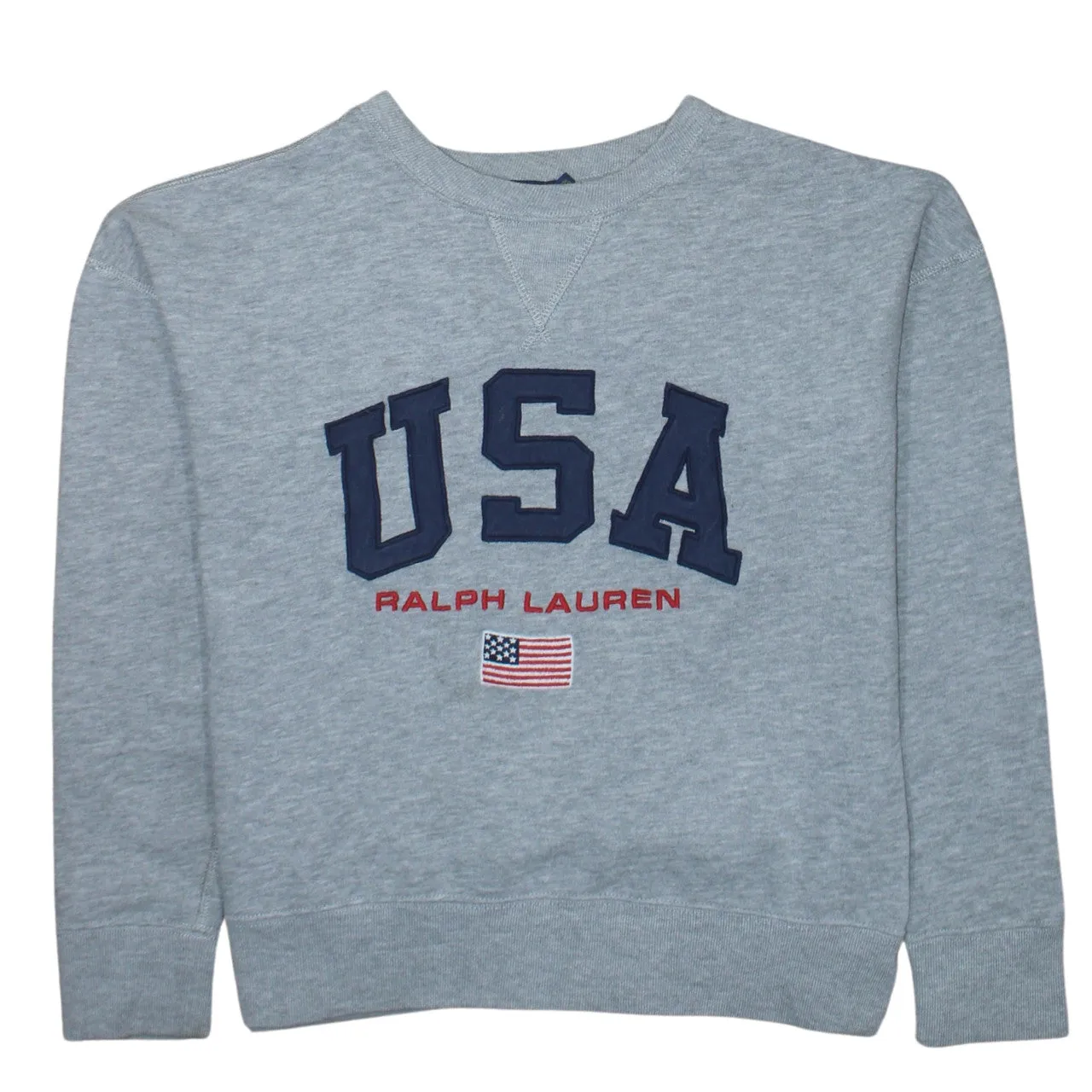 Polo Ralph Lauren Grey Sweatshirt Men's XSmall USA Flag Embroidered Logo Crewneck Pullover Top sold by Vintage Club