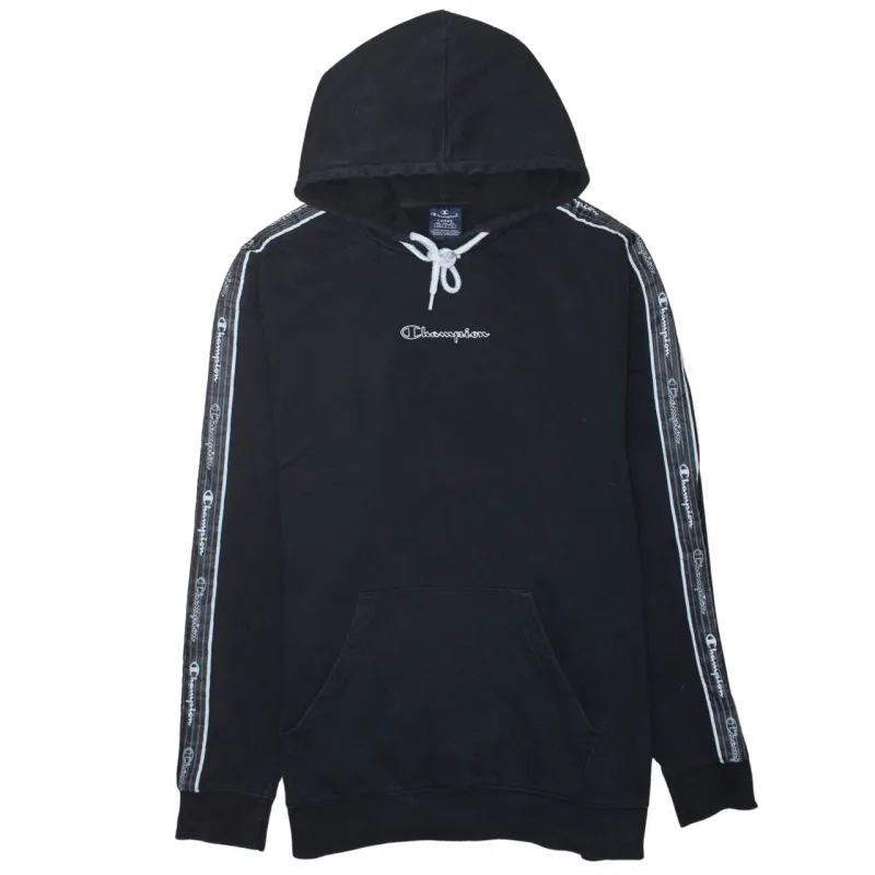 Champion Black Hoodie Women’s Large Embroidered Logo Tape Sleeve Pullover Sweatshirt sold by Vintage Club