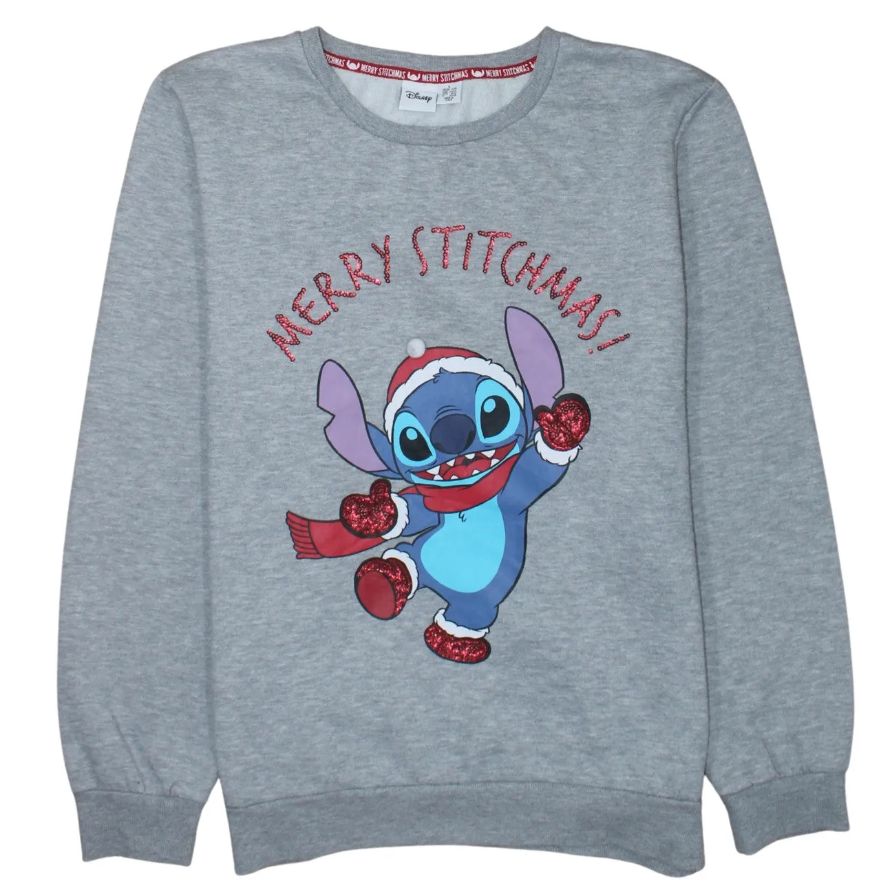 Disney Grey Sweatshirt Women’s Large Printed Merry Stitchmas Stitch Graphic Pullover Top sold by Vintage Club