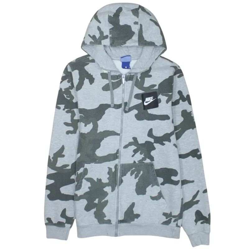 Nike Grey Camo Full Zip Hoodie Women’s Small Printed Chest Logo Fleece Sweatshirt made by Nike