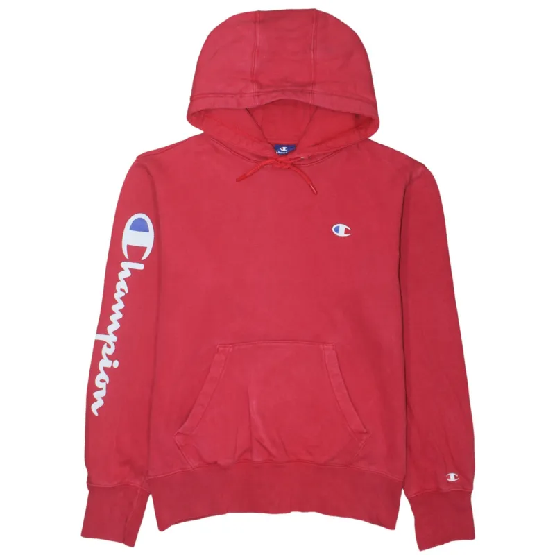 Champion Red Hoodie Men’s Medium Printed Sleeve Logo Embroidered Chest Pullover Sweatshirt sold by Vintage Club