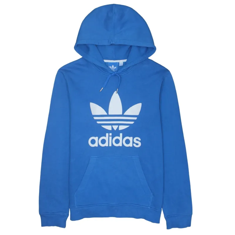 Adidas Blue Hoodie Women’s Medium Printed Trefoil Logo Front Pocket Pullover Sweatshirt sold by Vintage Club