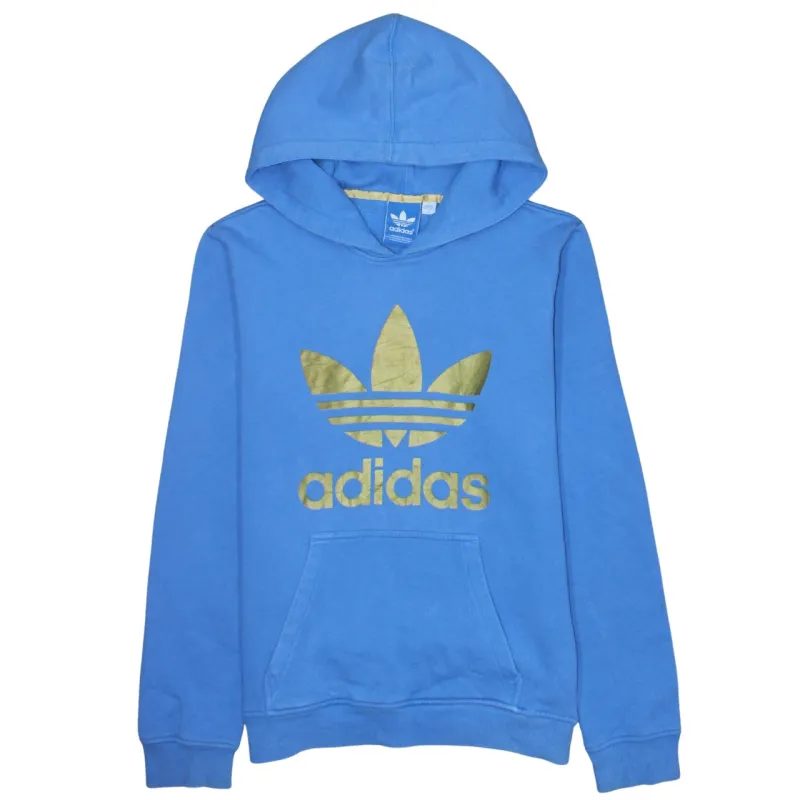 Adidas Blue Hoodie Men's Small Gold Trefoil Printed Logo Front Pouch Pullover Sweatshirt sold by Vintage Club