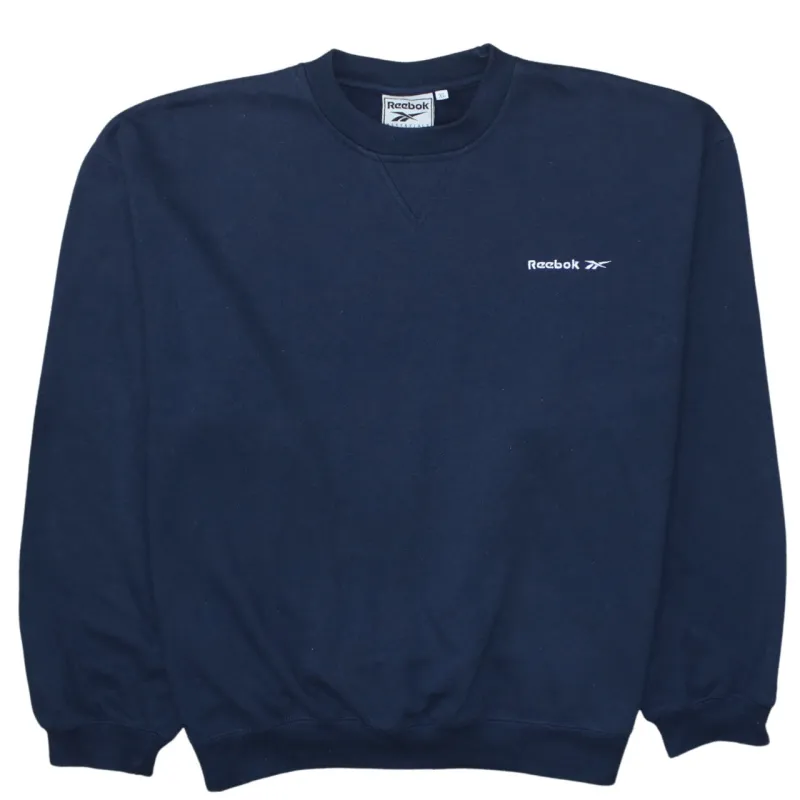 Reebok Navy Blue Sweatshirt Men’s XLarge Embroidered Chest Logo Ribbed Cuffs Crewneck Pullover sold by Vintage Club