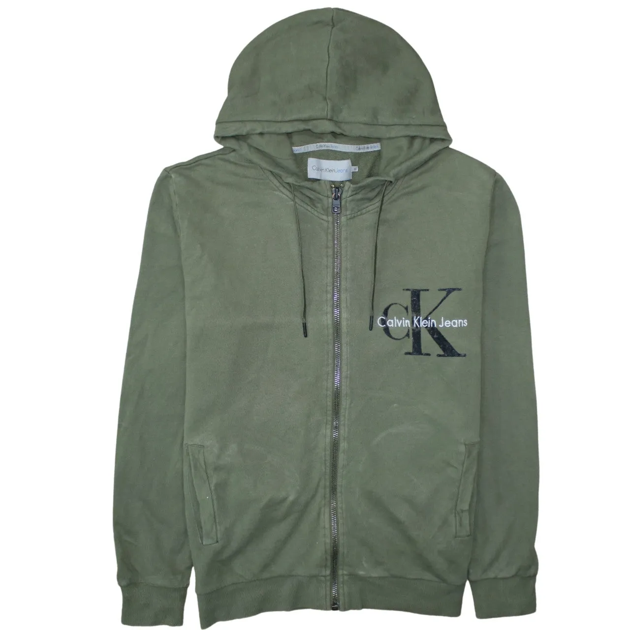 Calvin Klein Khaki Green Zip Hoodie Women’s XLarge Embroidered CK Logo Pockets Sweatshirt sold by Vintage Club