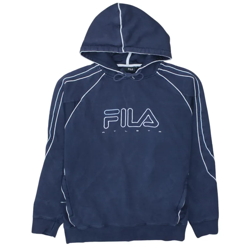 Fila Navy Blue Hoodie Women’s Large Embroidered Logo Contrast Piping Pullover Sweatshirt sold by Vintage Club