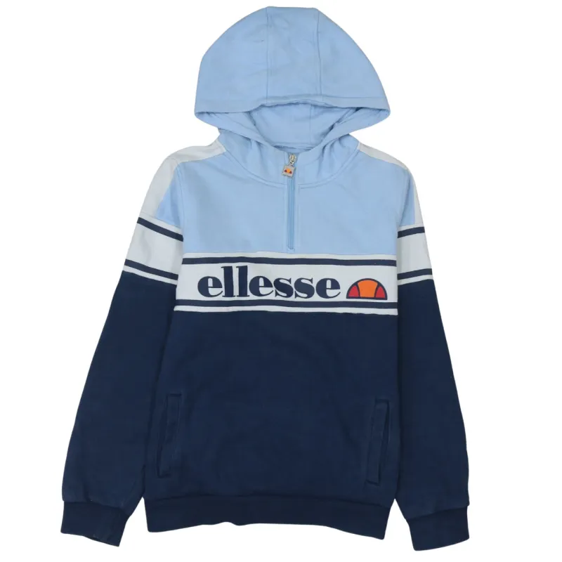 Ellesse Light Blue Navy Hoodie Men's Small Half Zip Printed Logo Stripe Panel Pullover Sweatshirt sold by Vintage Club