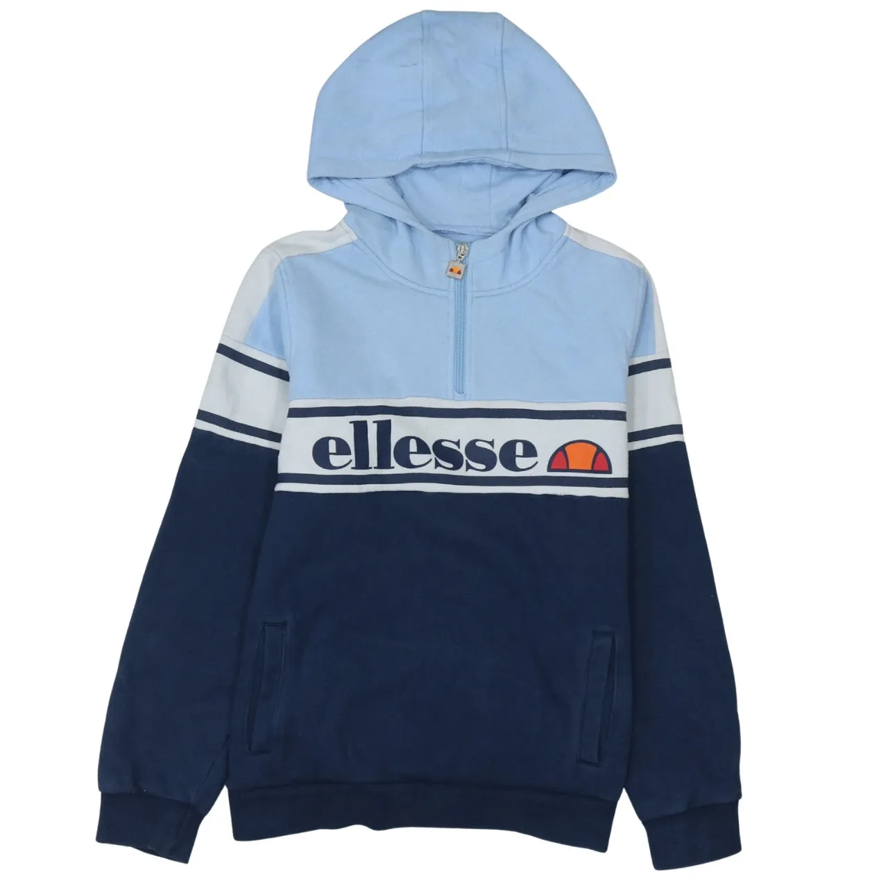 Ellesse Light Blue Navy Hoodie Men's Small Half Zip Printed Logo Stripe Panel Pullover Sweatshirt sold by Vintage Club