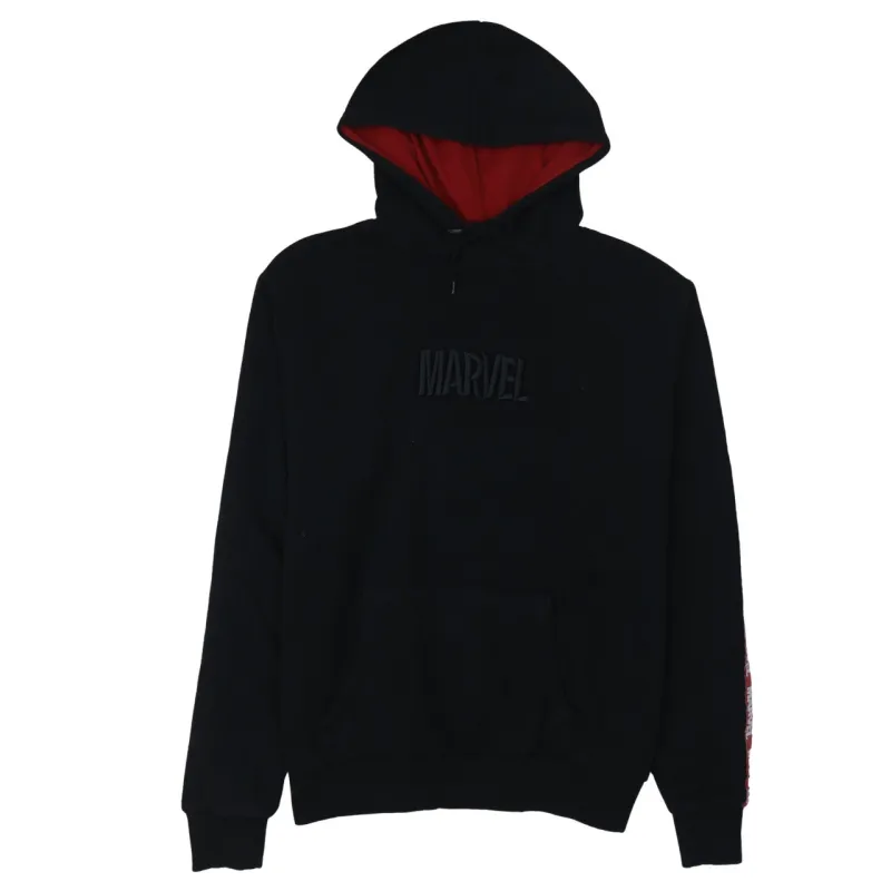Disney Black Hoodie Men's Medium Embroidered Marvel Logo Red Lined Hood Pullover Sweatshirt sold by Vintage Club