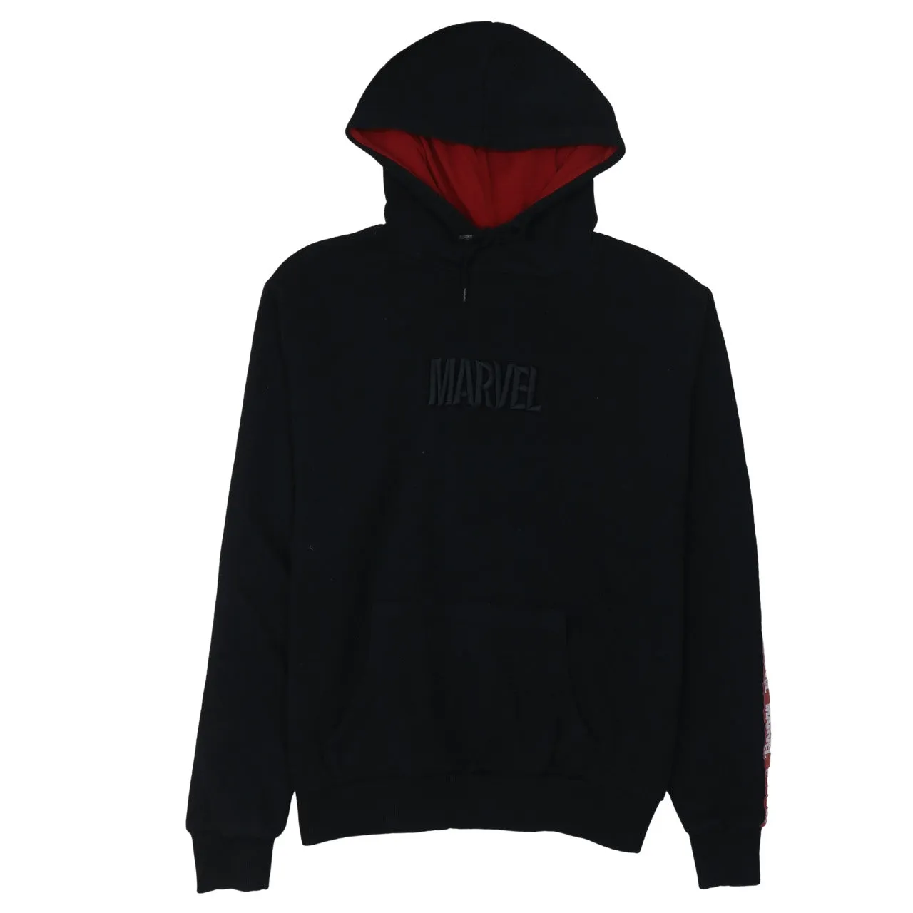 Disney Black Hoodie Men's Medium Embroidered Marvel Logo Red Lined Hood Pullover Sweatshirt sold by Vintage Club