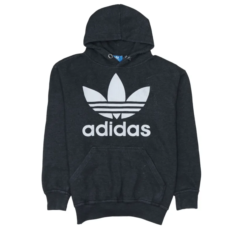 Adidas Dark Grey Hoodie Women’s Medium Printed Trefoil Logo Front Pouch Pullover Sweatshirt sold by Vintage Club