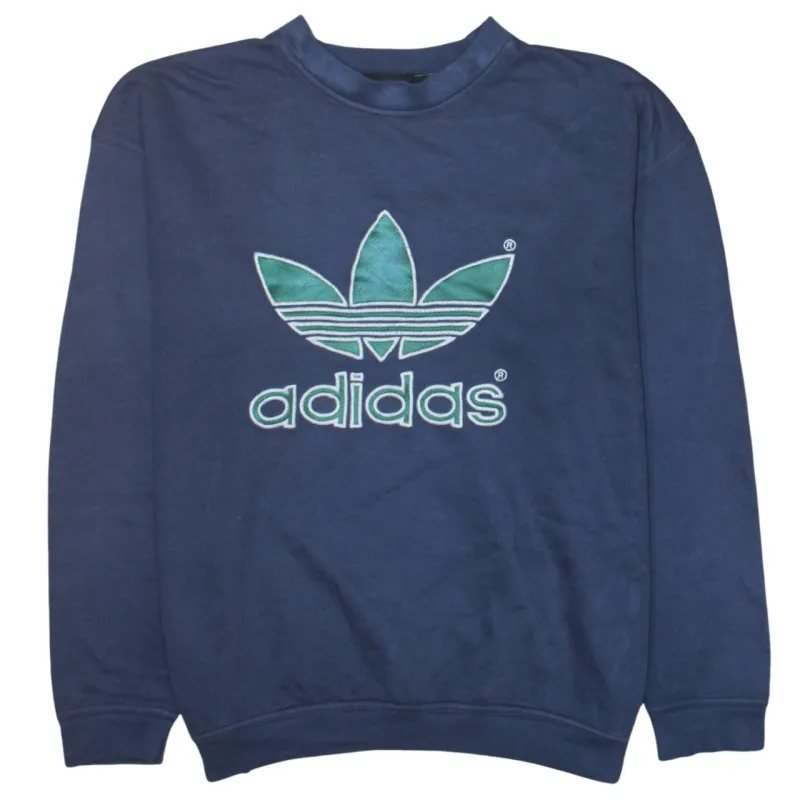 Adidas Navy Blue Sweatshirt Men's Large Embroidered Trefoil Logo Ribbed Crewneck Pullover sold by Vintage Club