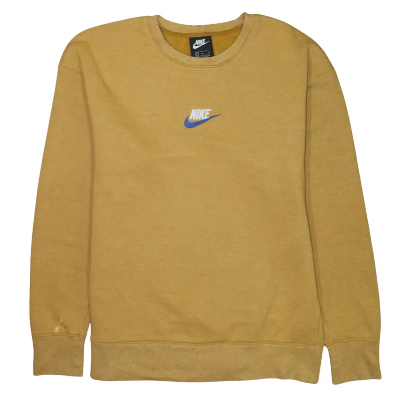 Nike Mustard Yellow Sweatshirt Men's Medium Embroidered Chest Logo Crewneck Pullover Fleece Top made by Nike