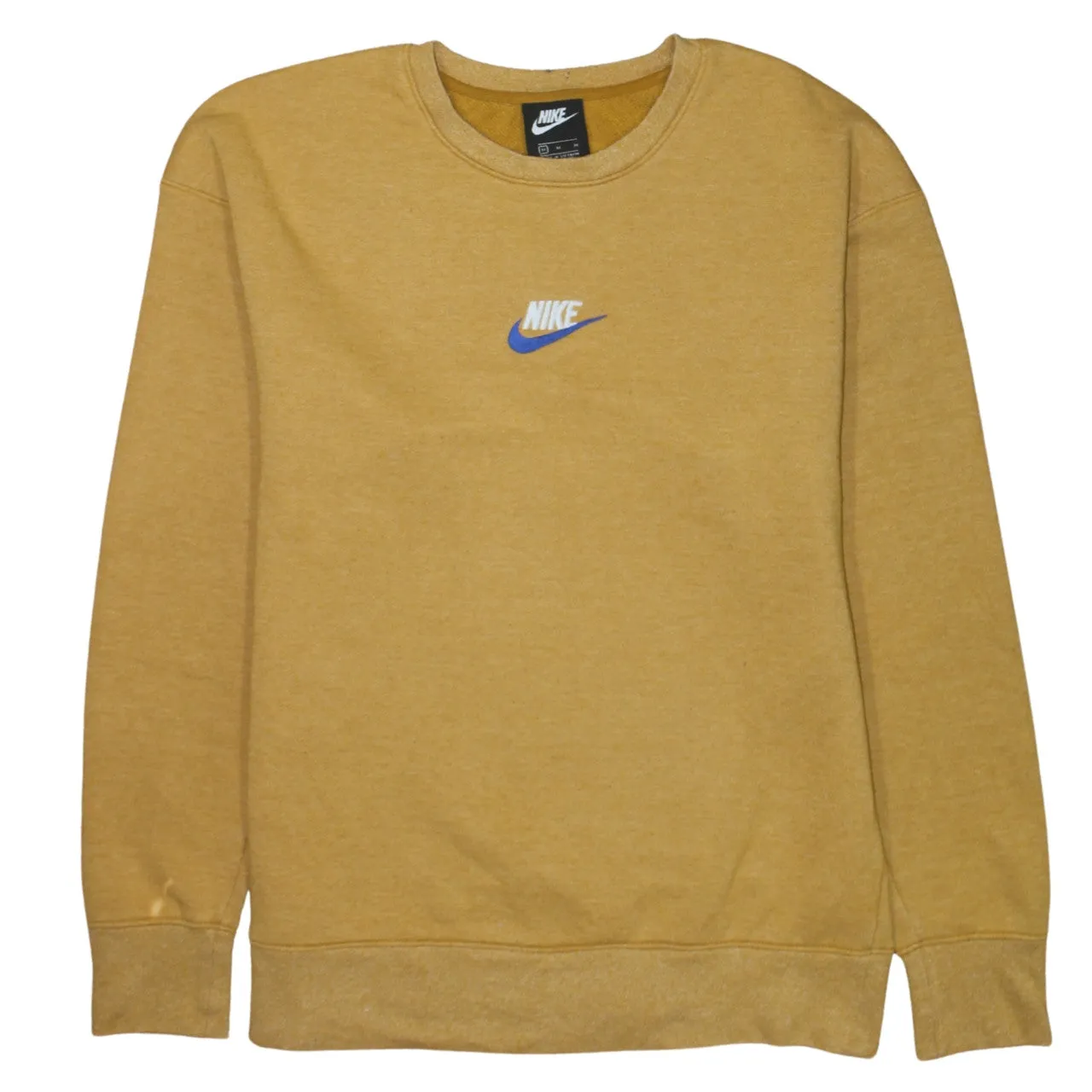 Nike Mustard Yellow Sweatshirt Men's Medium Embroidered Chest Logo Crewneck Pullover Fleece Top sold by Vintage Club