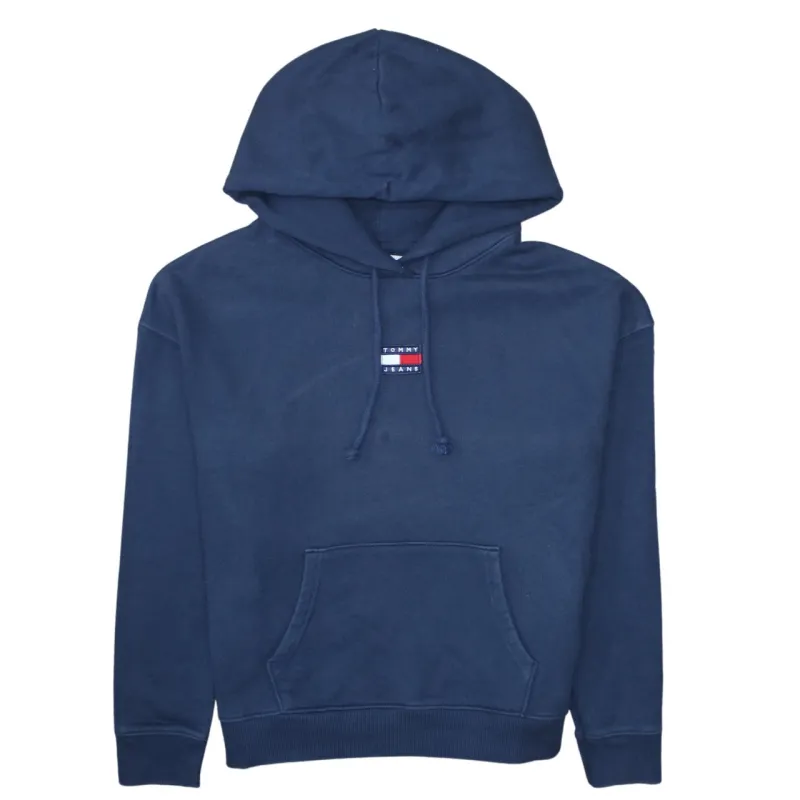 Tommy Jeans Navy Blue Hoodie Women’s Large Embroidered Flag Logo Front Pocket Pullover Sweatshirt made by Vintage Club