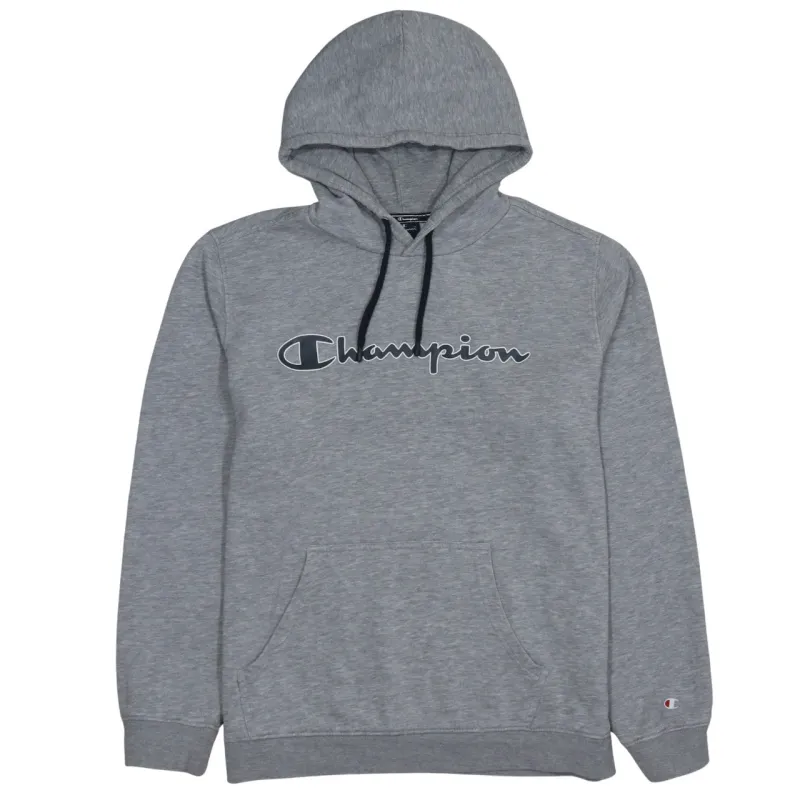 Champion Grey Hoodie Women’s Large Printed Script Logo Drawstring Fleece Pullover Sweatshirt sold by Vintage Club