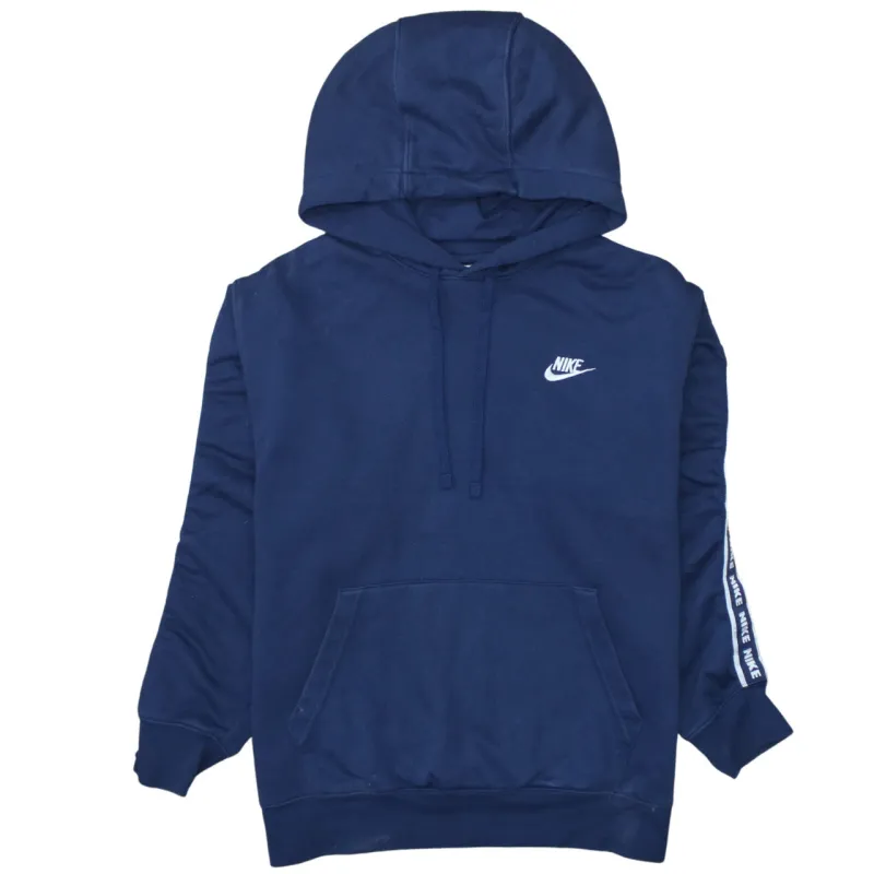 Nike Navy Blue Hoodie Women’s Medium Embroidered Swoosh Logo Taped Sleeve Pullover Sweatshirt sold by Vintage Club
