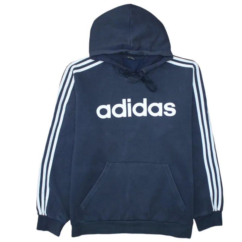 Adidas Navy Blue Hoodie Men's XXLarge Printed Logo Three Stripe Sleeves Pullover Sweatshirt sold by Vintage Club