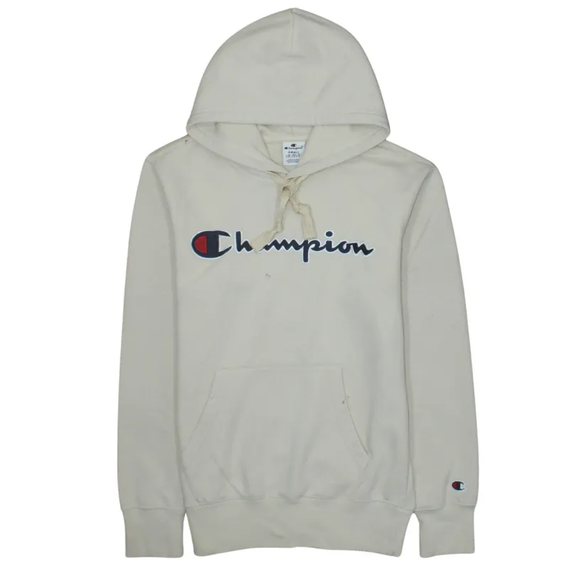 Champion Beige Cream Hoodie Women’s Small Embroidered Script Logo Front Pocket Pullover Sweatshirt made by Champion
