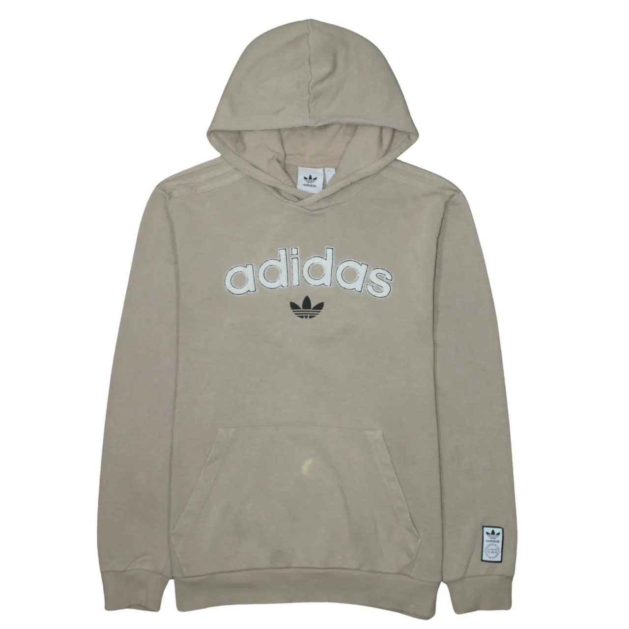Adidas Beige Cream Hoodie Men's Medium Embroidered Logo Front Pocket Pullover Sweatshirt sold by Vintage Club
