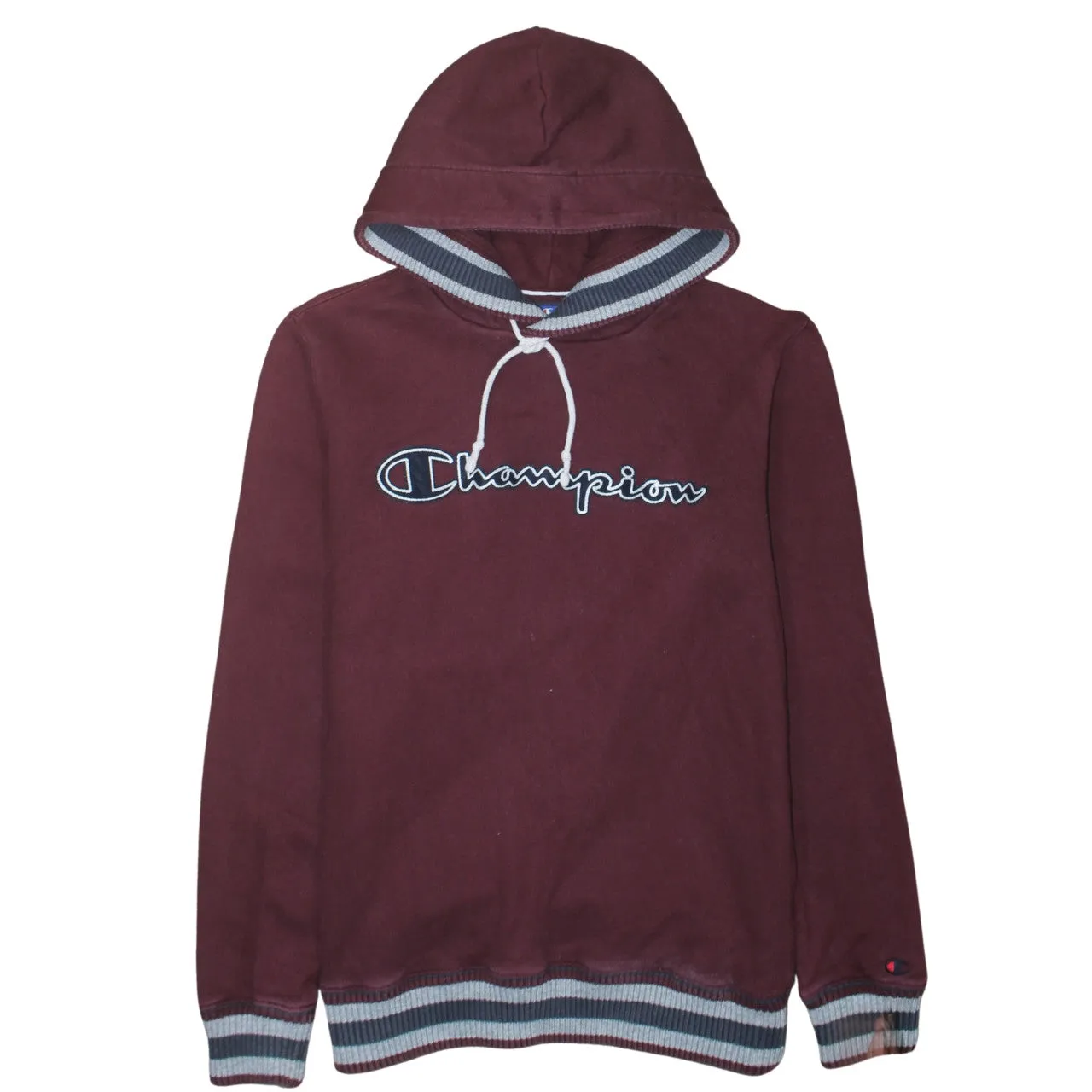 Champion Burgundy Red Hoodie Women’s Large Embroidered Logo Ribbed Hem Cuffs Pullover Sweatshirt sold by Vintage Club
