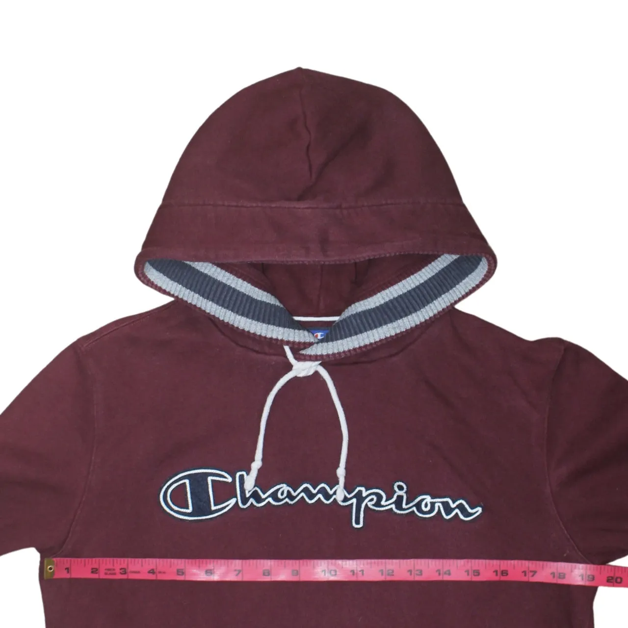 Champion Burgundy Red Hoodie Women’s Large Embroidered Logo Ribbed Hem Cuffs Pullover Sweatshirt sold by Vintage Club product image thumbnail 5