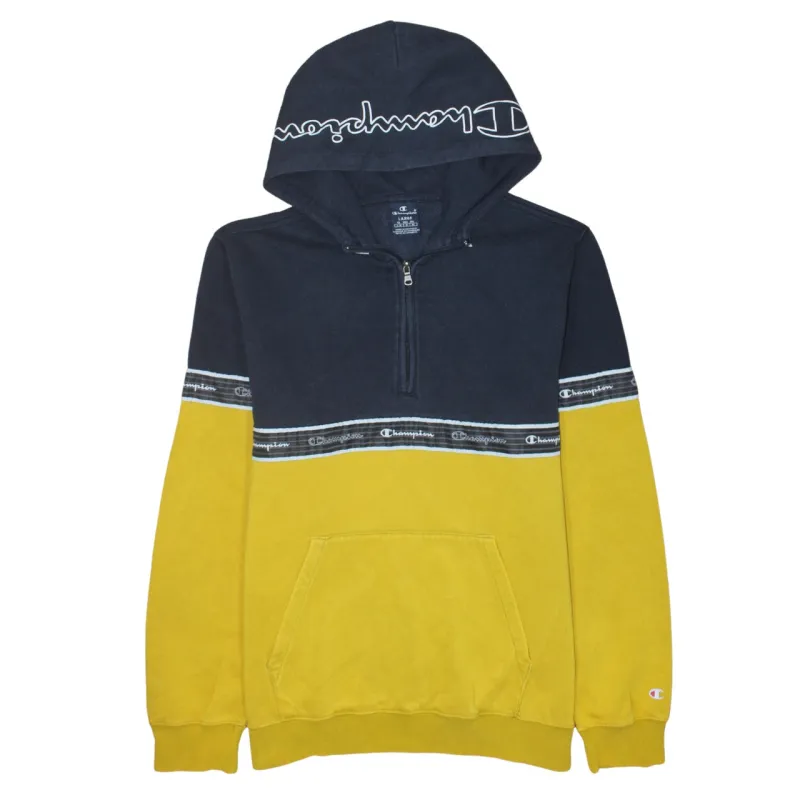Champion Navy Yellow Hoodie Women’s Large Half Zip Logo Tape Hooded Sweatshirt Pullover made by Champion