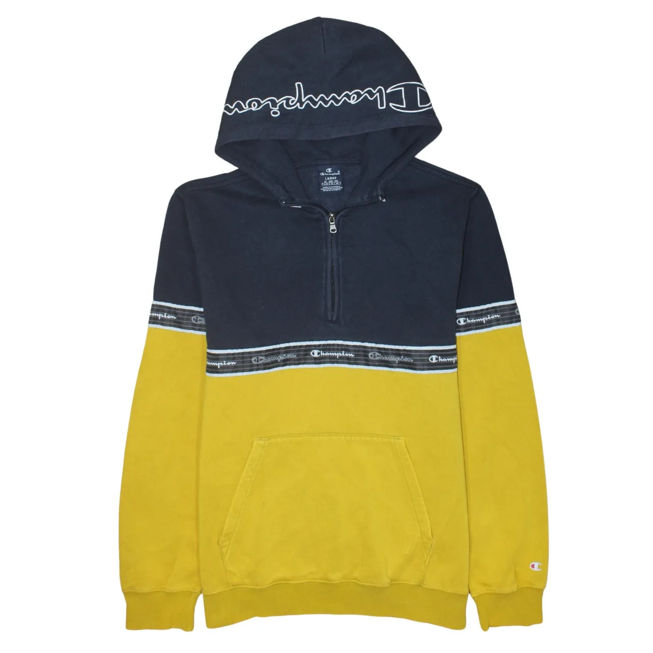 Champion Navy Yellow Hoodie Women’s Large Half Zip Logo Tape Hooded Sweatshirt Pullover sold by Vintage Club