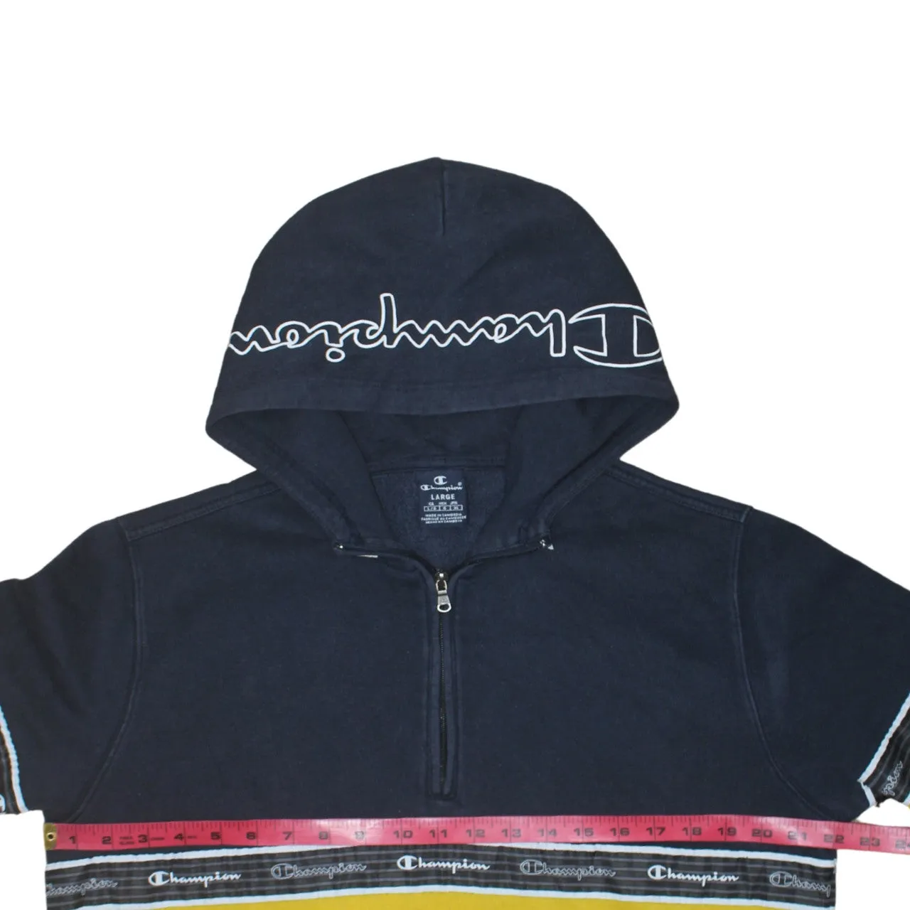 Champion Navy Yellow Hoodie Women’s Large Half Zip Logo Tape Hooded Sweatshirt Pullover sold by Vintage Club product image thumbnail 5