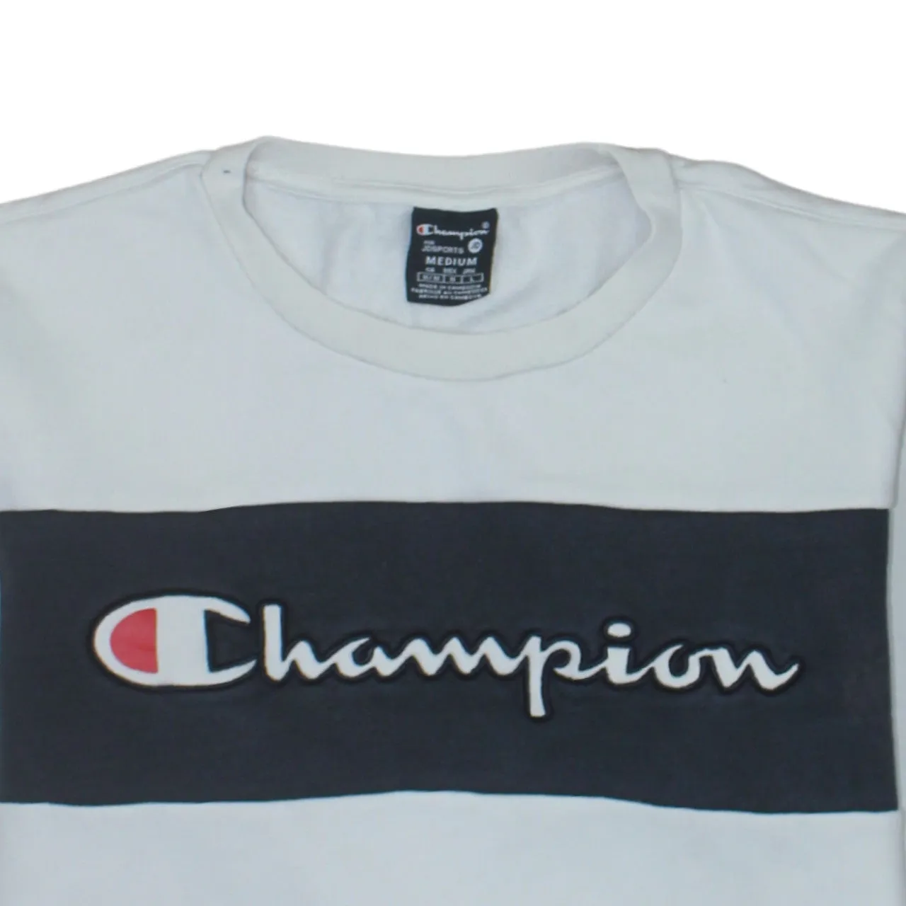 Champion White Crewneck Sweatshirt Women’s Medium Printed Logo Panel Pullover Fleece Top sold by Vintage Club product image thumbnail 3