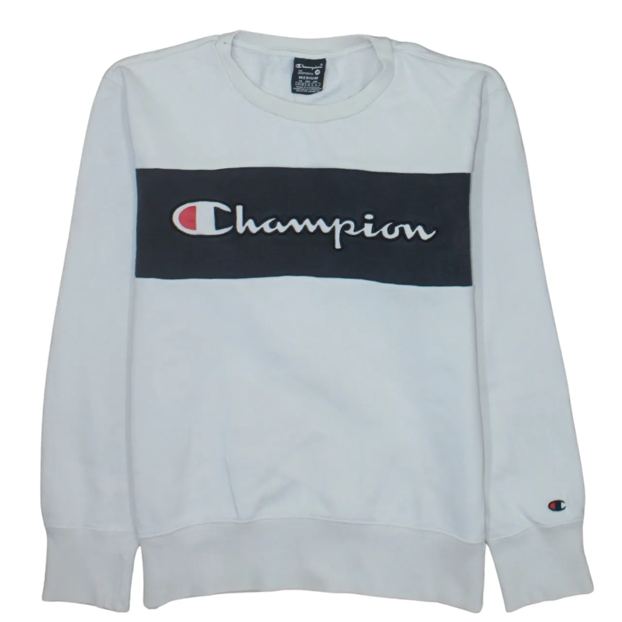 Champion White Crewneck Sweatshirt Women’s Medium Printed Logo Panel Pullover Fleece Top sold by Vintage Club