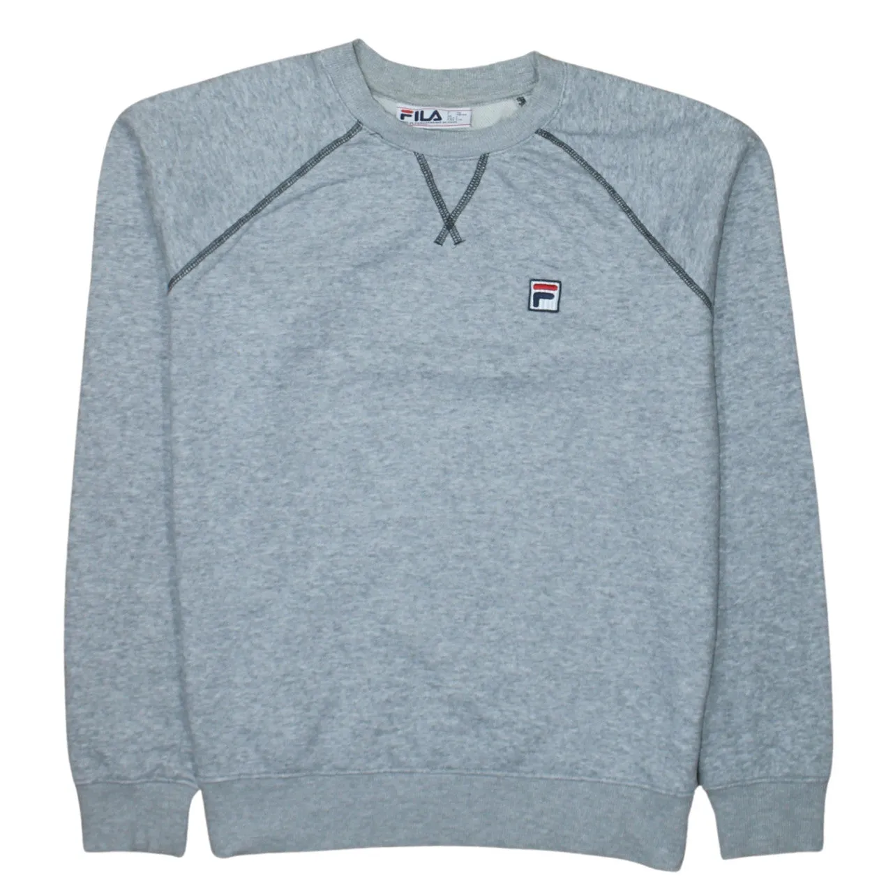 Fila Light Grey Sweatshirt Women’s Large Embroidered Chest Logo Contrast Stitch Crewneck Pullover sold by Vintage Club