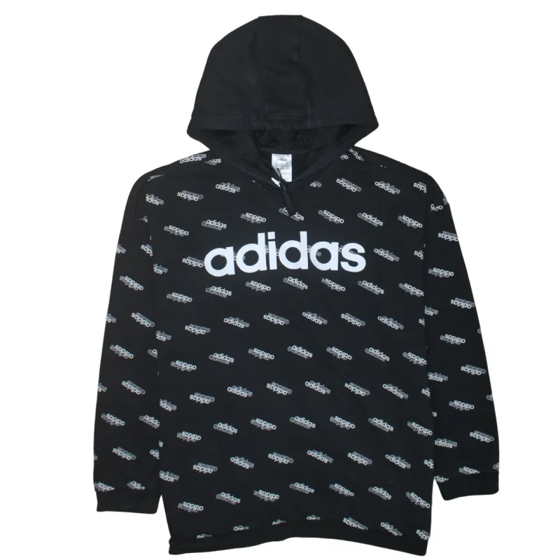 Adidas Black Logo Print Hoodie Women’s XLarge All Over Monogram Pullover Sweatshirt sold by Vintage Club