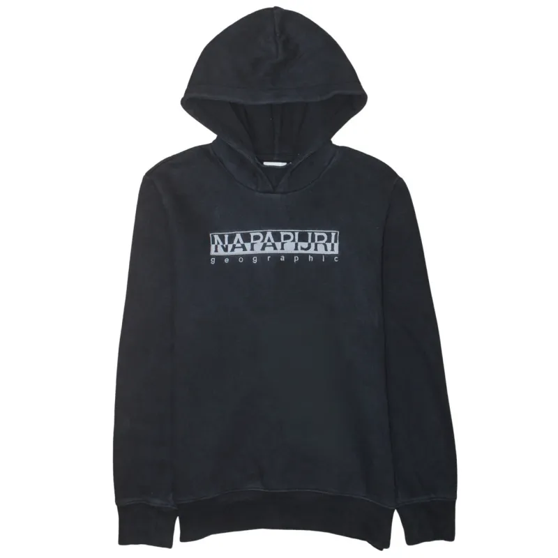 Napapijri Black Hoodie Men's Small Printed Logo Pullover Fleece Lined Sweatshirt sold by Vintage Club