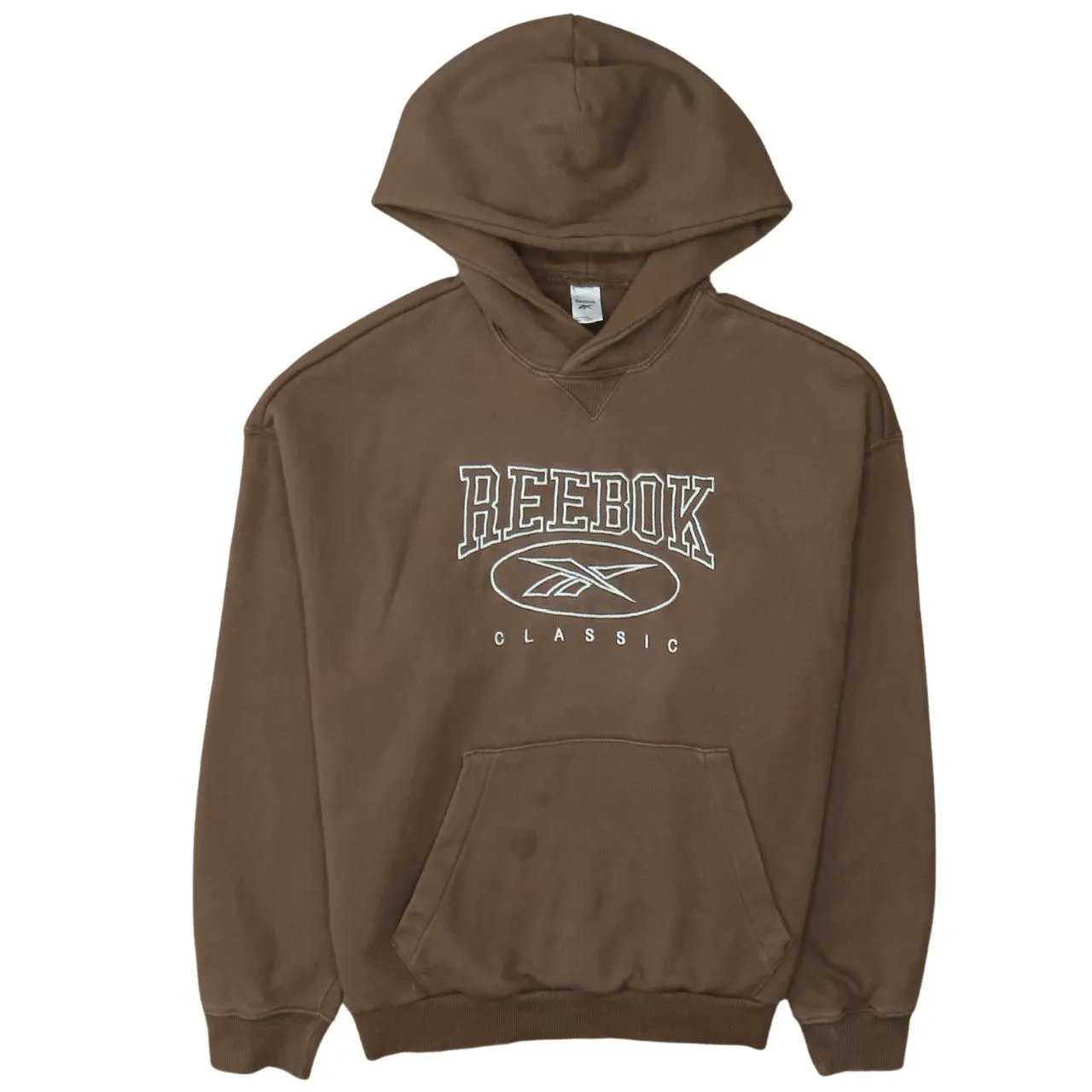 Reebok Brown Hoodie Men’s Medium Printed Classic Logo Front Pocket Pullover Sweatshirt sold by Vintage Club