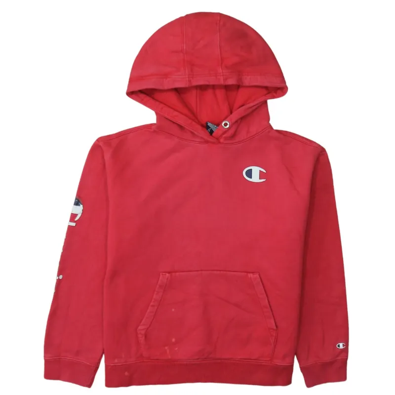 Champion Red Hoodie Men’s Medium Printed Logo Sleeve Graphic Pullover Sweatshirt sold by Vintage Club