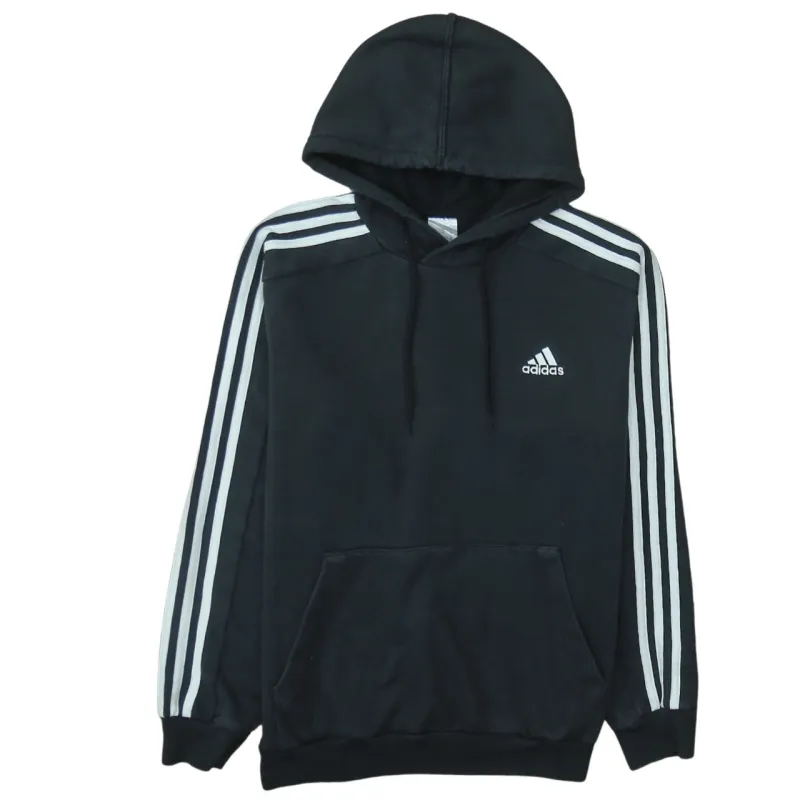 Adidas Black Hoodie Men's Medium Three Stripe Sleeves Embroidered Chest Logo Pullover Sweatshirt sold by Vintage Club