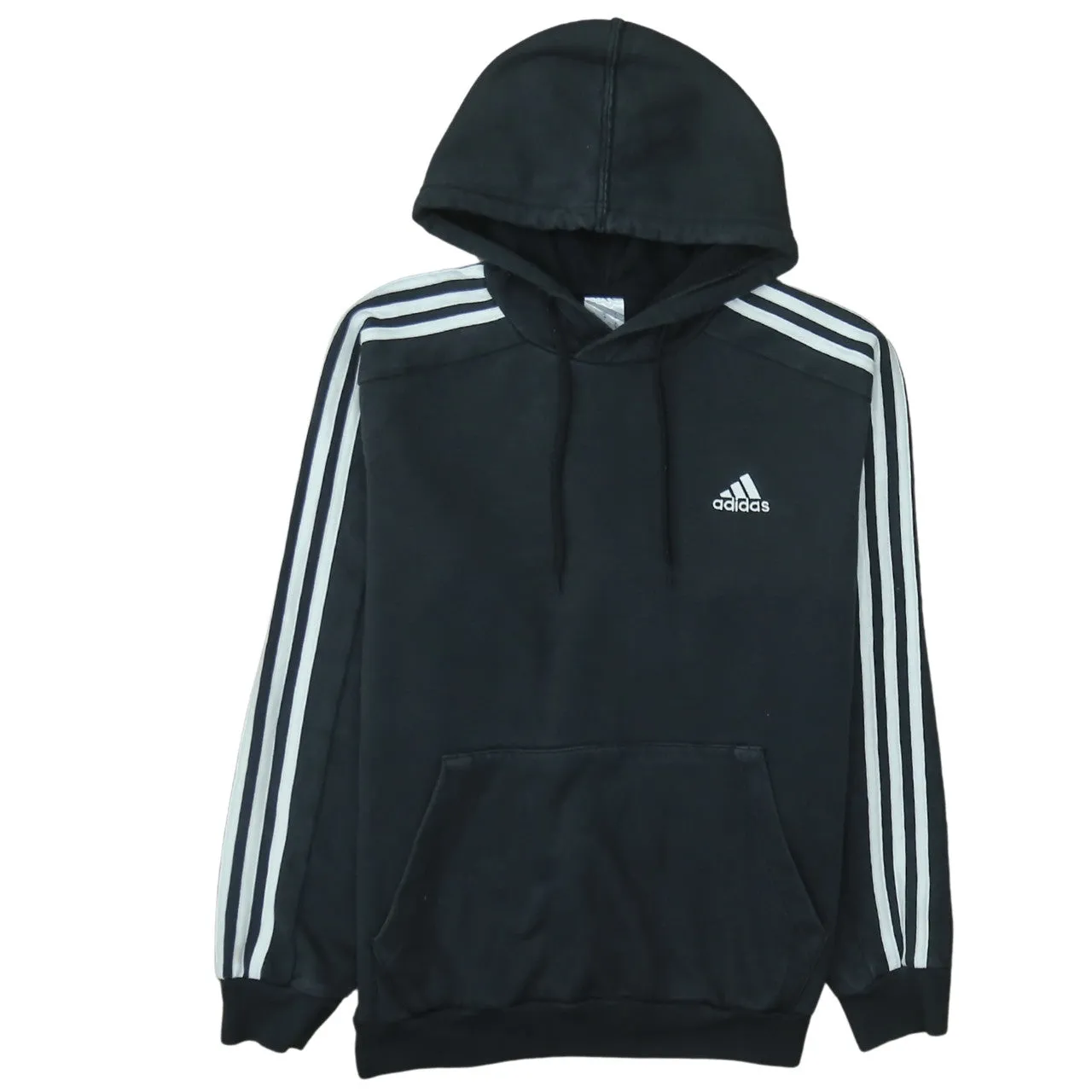 Adidas Black Hoodie Men's Medium Three Stripe Sleeves Embroidered Chest Logo Pullover Sweatshirt sold by Vintage Club