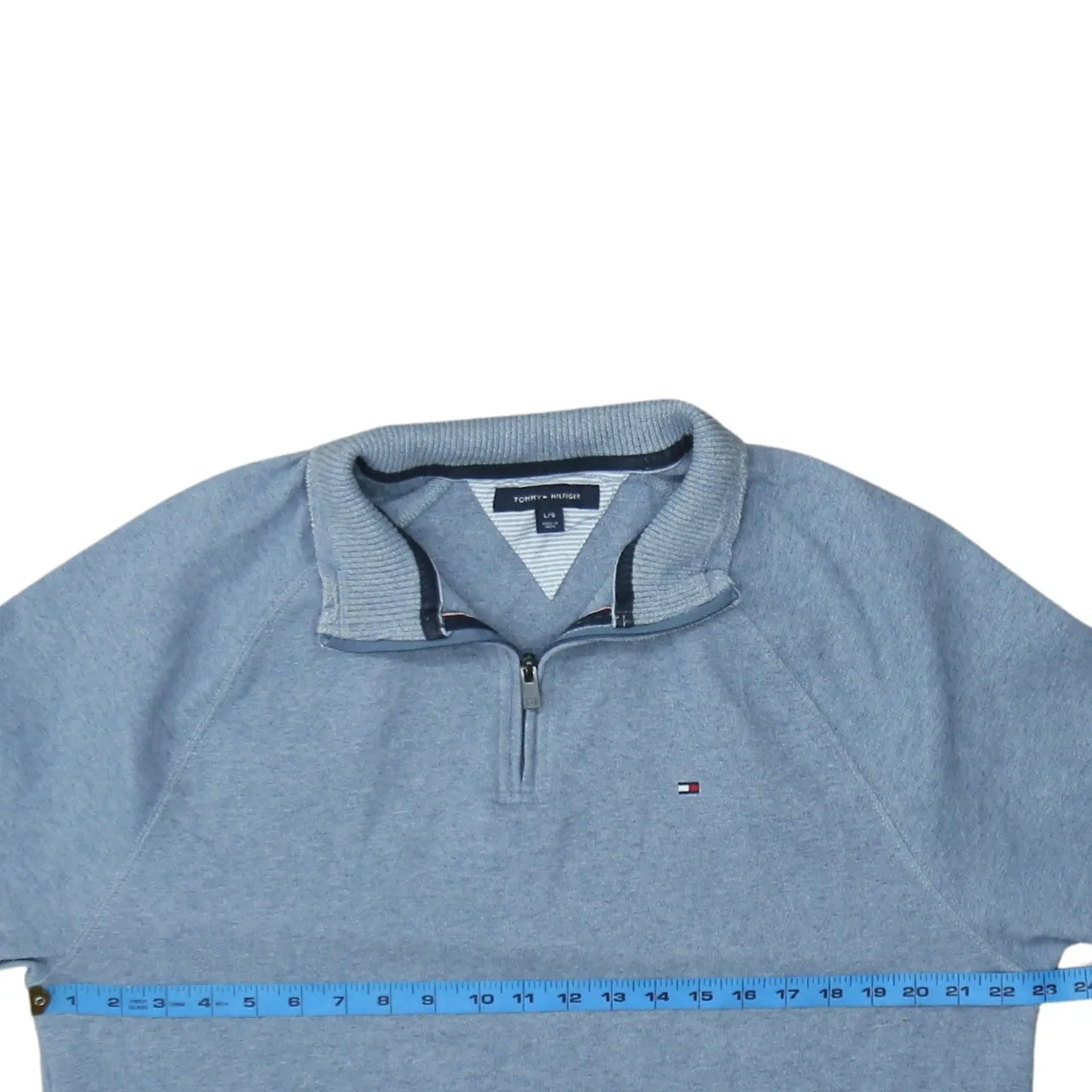 Tommy Hilfiger Light Blue Quarter Zip Sweatshirt Men's Large Embroidered Flag Logo Pullover Top sold by Vintage Club product image thumbnail 5