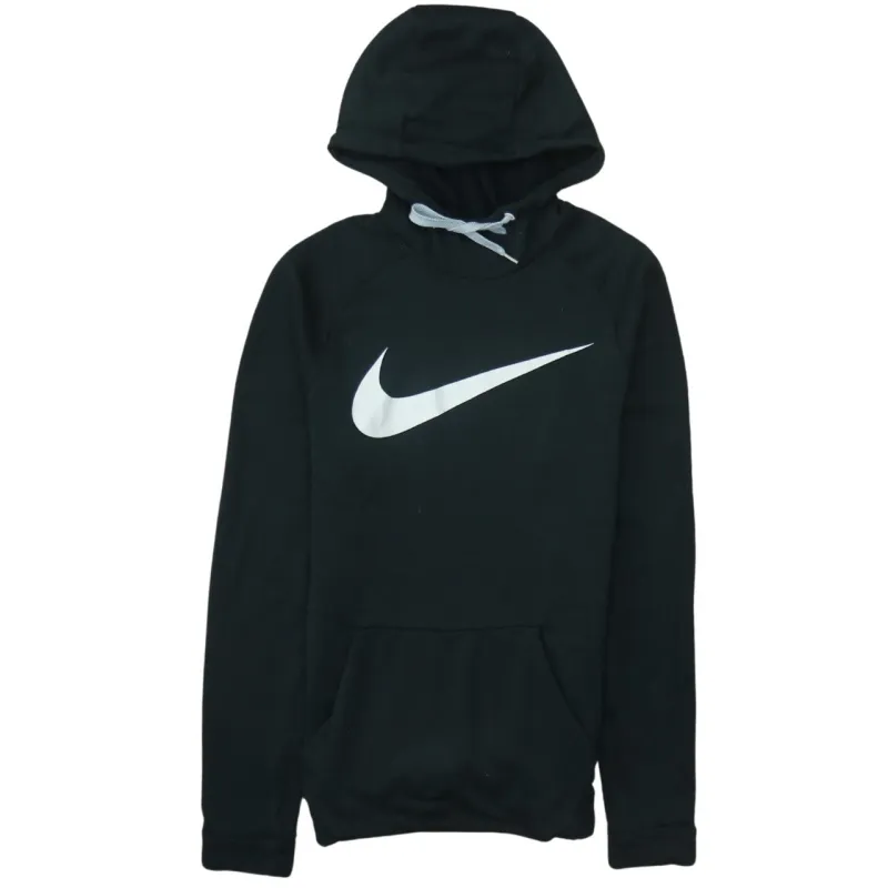 Nike Black Hoodie Women’s Small Printed Swoosh Logo Front Pocket Pullover Sweatshirt sold by Vintage Club