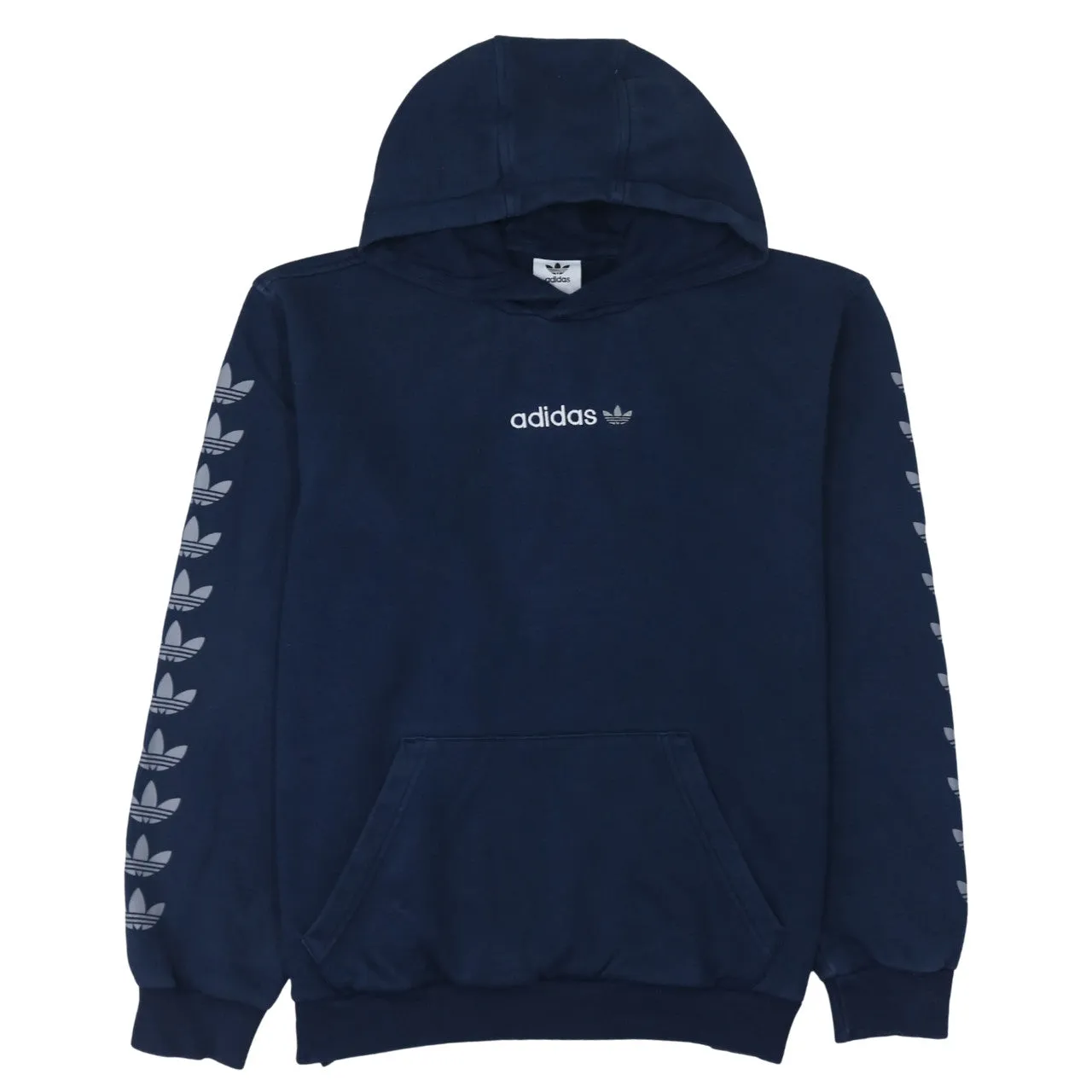 Adidas Navy Blue Hoodie Men's Large Trefoil Sleeve Print Embroidered Chest Logo Sweatshirt sold by Vintage Club