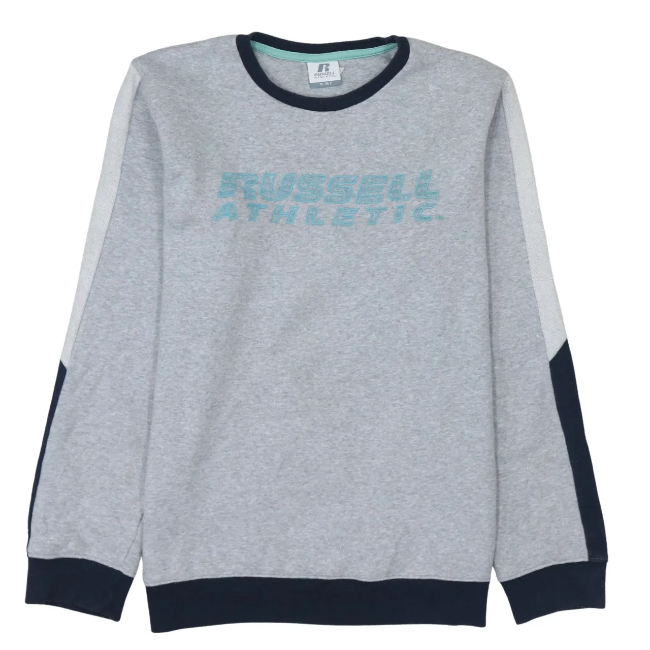 Russell Athletic Grey Sweatshirt Women’s Large Printed Logo Colour Block Crewneck Pullover Top sold by Vintage Club